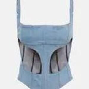 MUGLER Denim and mesh corset top in Blue